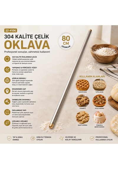 Solingen 304 Kalite Paslanmaz Çelik Oklava