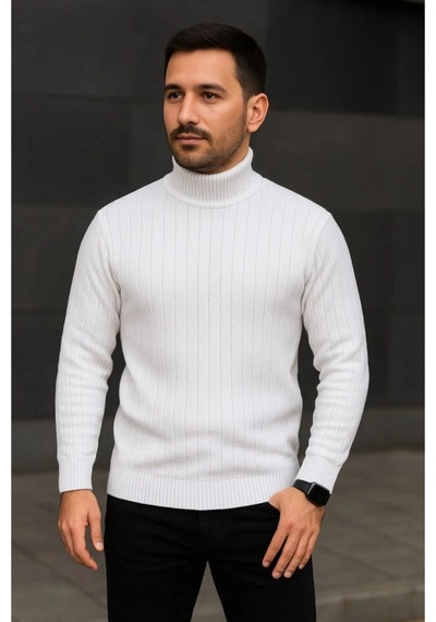 Butik İstanbul Erkek Fitilli Triko Kazak 2li Set Beyaz Siyah Regular Balıkcı Yaka Tam Boğazlı Triko Seti Modeli Kazak Beyaz - Siyah