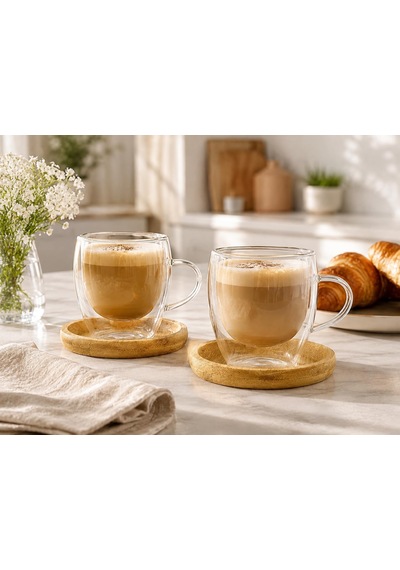 2'li Çift Cidarlı Cam Kupa 90 Ml & Bambu Tabak Seti Isı Korumalı Şeffaf Cam Kahve Fincan Takımı Çok Renkli