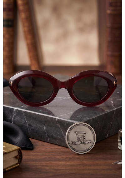 T Detaylı Oval Ve Çekik Modern Çerçeveli Güneş Gözlüğü Renkli Çerçeve Ve Cam Seçenekli Şık Unisex Gözlük Bordo