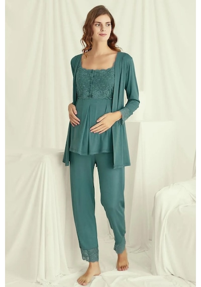 Monamise 18535 Hamile Lohusa Sabahlıklı Pijama Takım-yeşil