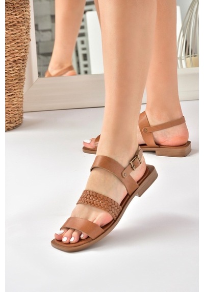 Fox Shoes Taba Hakiki Deri Kadın Sandalet