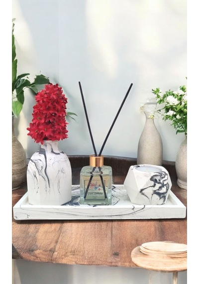Mermer Desenli Mum Ve Vazo Seti - Vazo Oda Kokusu Tealight Mumluk Ve Mum Dikdörtgen Tepsi Beyaz - Siyah