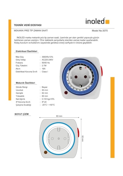 İnoled 3070 Mekanik Priz Tipi Zaman Saati 24 Saat Programlanabilir 16a 3680w