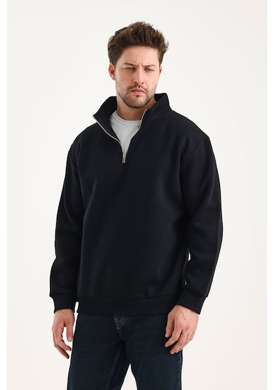 Genius Store Unisex Sweatshirt Rahat Kesim Pamuklu Içi Polarlı Yarım Fermuarlı Dik Yaka Sweatshirt Siyah