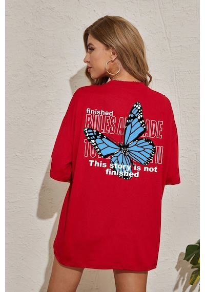 Flood Of Style Unisex Kırmızı Sırt Kelebek Baskılı T-shirt