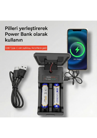 Güneş Enerjili Çoklu Pil Şarj Cihazı Ve Powerbank - 18650/26650 Uyumlu