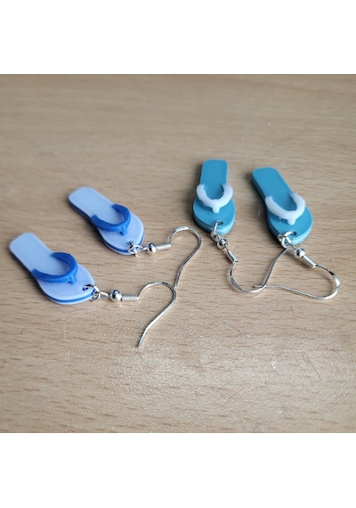 Yazlık Parmak Arası Terlik Flip Flop Küpe Çifti - Mavi Ve Beyaz Renkli Eğlenceli Tasarım Aksesuar Mavi
