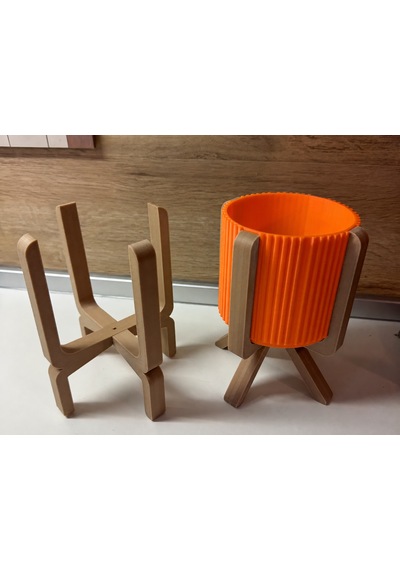 3d Baskı Ayaklı Çizgili Saksı - Bej Standlı Dekoratif Saksı - Turuncu