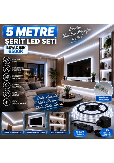 Mutfak Dolap Ayna Aydınlatma 5 Metre Beyaz Aç Kapat Düğmeli Şerit Led Seti 12v Adaptörlü Aç Kapa Düğmeli Kendinden