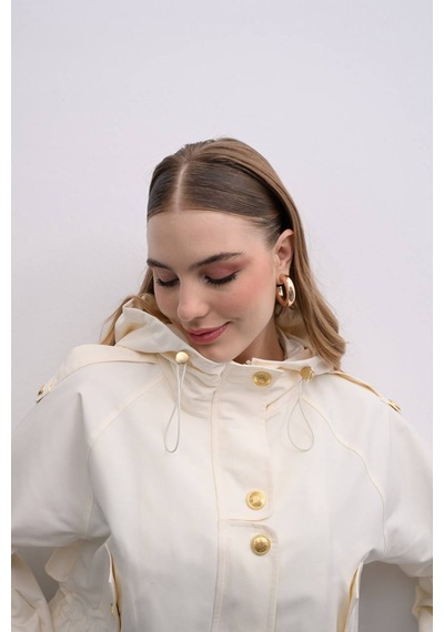 Nido Moda Kadın Ekru Kapüşonlu Büzgü Detaylı Yağmurluk Su