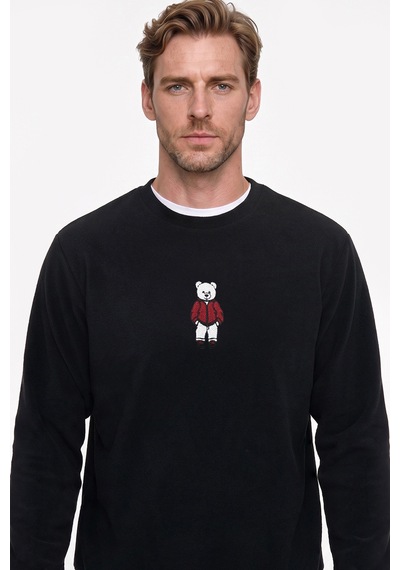 Ac&Co / Altınyıldız Classics Erkek Sıyah Anti-pilling Tüylenme Yapmayan Standart Fit Bisiklet Yaka Nakışlı Sweatshirt Polar Siyah