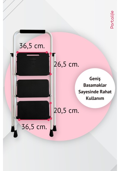 Portalife 3 Basamaklı Uzun Tutacaklı Şık Çelik Merdiven - Beyaz 3 Basamak