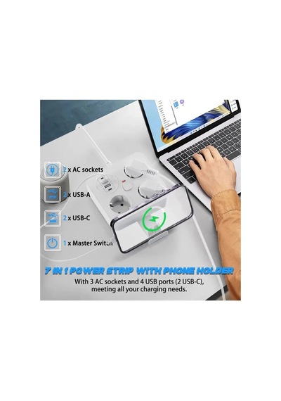 Akım Korumalı Anahtarlı Priz - 3x Priz - 2x Usb - 2x Type-c - 2 Mt Kablo Hızlı Şarj Özellikli Siyah 0 - 2 M