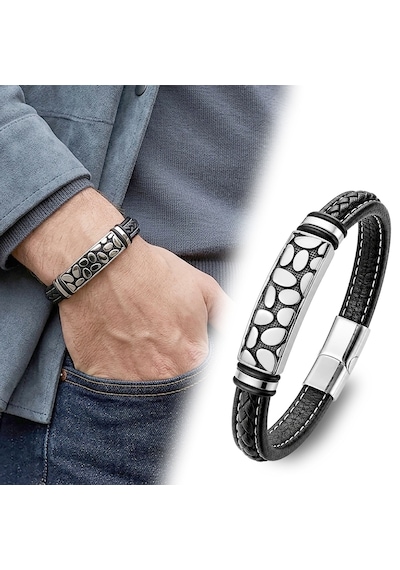 Premium River Stone Motifli Çelik Kilitli Siyah Deri Erkek Bileklik. 31831b8d4 - 20 Cm