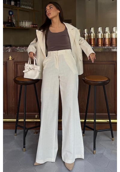 Madmext Ekru Yüksek Bel Keten Wide Leg Pantolon Mg2718