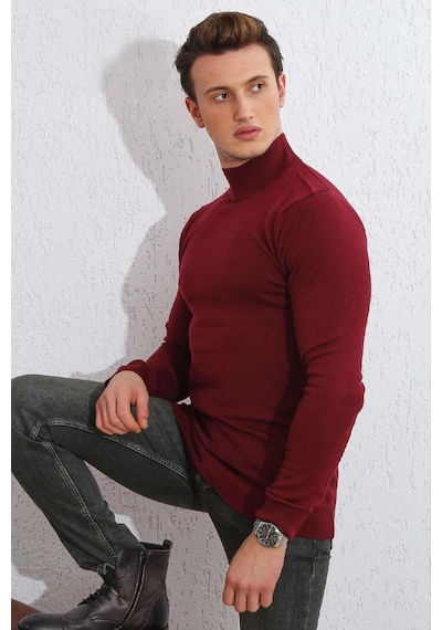 Brng Yarım Balıkçı Slimfit Likralı Erkek Kazak Bordo