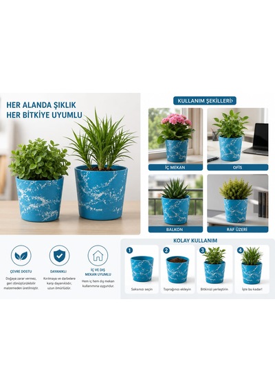 2 Li Seramik Saksı / Modern Dekoratif El Yapımı Tasarım - Mavi Beyaz 2 'li Set -