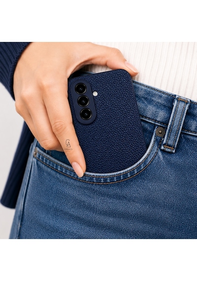 Samsung Galaxy A27 Uyumlu Deri Dokulu Silikon Telefon Kılıfı Ve Şeffaf Temperli Cam Ekran Koruyucu Lacivert