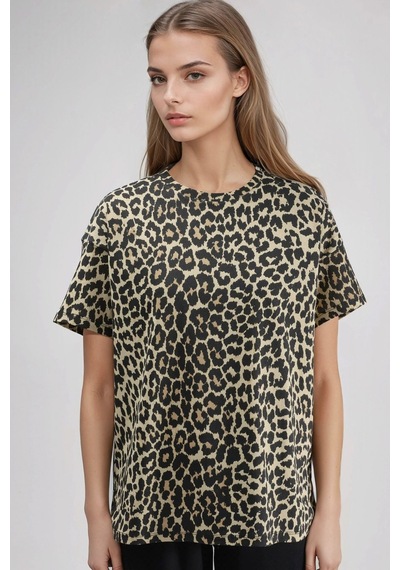 Hiccup Oversized Leopar Desenli Bisiklet Yaka Tişört Kahverengi