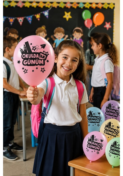 Okulda İlk Günüm 10'lu Makaron Balon Seti Çift Taraflı Back To School Okul Açılışı Diğer