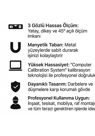 Hand Sfd 30 Cm Manyetik Su Terazisi 3 Gözlü Profesyonel Terazi