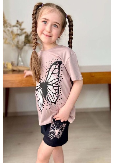 Riccotarz Kız Çocuk Kara Kalem Kelebek Baskılı Penye Pudra T-shirt Şortlu Takım Pudra