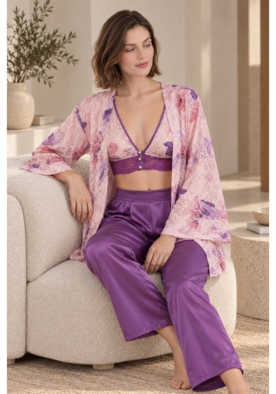 Loule Kadın Mor-pembe Çiçekli Kimonolu Saten Pijama Takımı Mor - Pembe