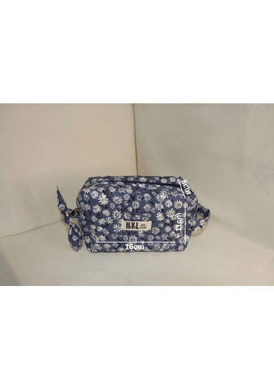 Kapitone Dikişli Denim Papatyalı Küçük Makyaj Çantası / Organizer - %100 Pamuk Kumaş Denim - Papatyalı