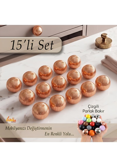 15 Adet Sert Plastik Düğme Yuvarlak Top Çizgili Parlak Bakır Dolap Mobilya Mutfak Dolabı Çekmece Kulbu Kulpu Kulplar