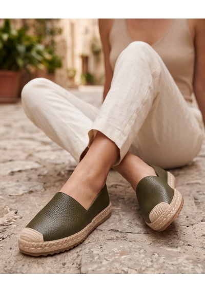 Futsishoes Lucıa Koyu Yeşil Hakiki Floter Deri Dikiş Detaylı Kadın Espadril