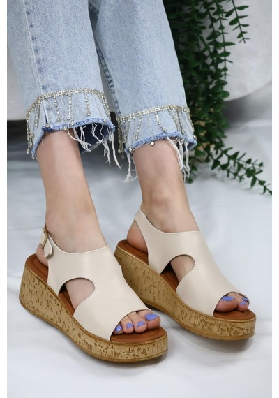 Asmi Shoes Kadın Elena Mantar Taban Ortopedik Sandelet Bej Bej