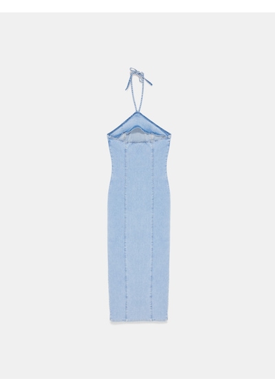 Dilvin 90580 Boyundan Bağlamalı Midi Denim Elbise-mavi