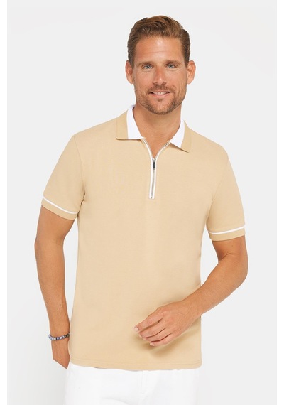 Tudors Erkek Slim Fit Dar Kesim %100 Pamuk Düz Pike Fermuarlı Kum Rengi Polo Yaka Tişört-31113 Kum