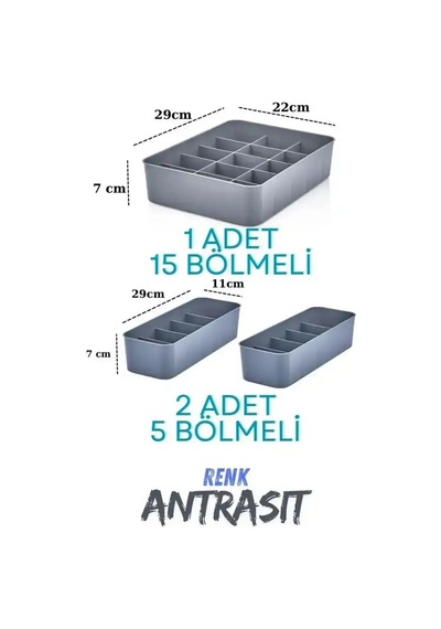 Orgaset 3'lü Dolap Çekmece Düzenleyici Antrasit Renk Sp-331 Çok Renkli