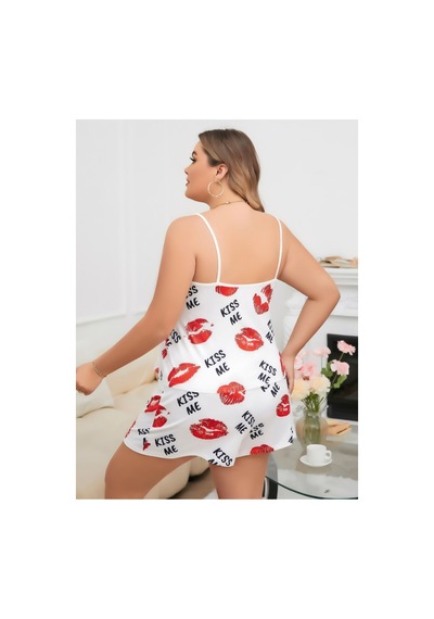 Lily Bianca Nightwear Desenli Askılı Ve Şortlu Büyük Beden Penye Gecelik Beyaz
