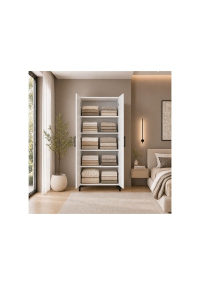 Gubimo104 - 2 Kapaklı Modüler Gardırop Beyaz 4 Raflı Elbise Dolabı