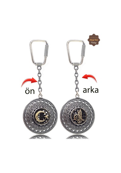 Ayyıldız Ve Tuğralı Örgü Model Çift Taraflı Oksitli Gümüş Telkari Anahtarlık 201025183 Gümüş