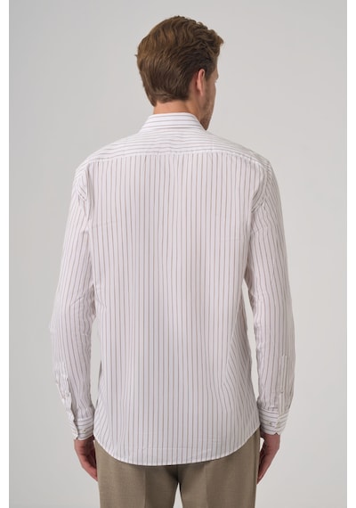 Morven Erkek Bej Pamuk Trend Çizgili Slim Fit Yarım İtalyan Yaka Gömlek 26mc004029653 Bej
