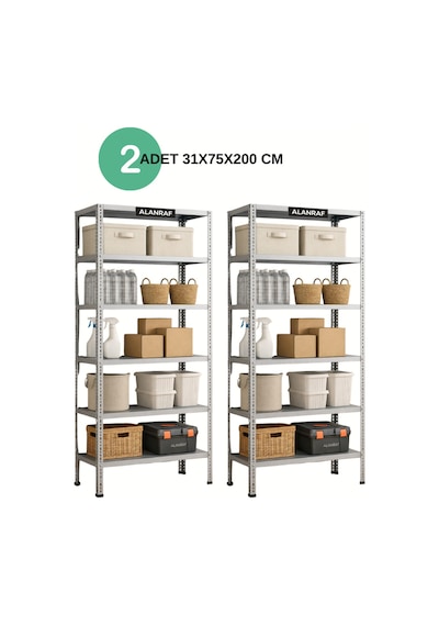 Çelik Raf 6 Katlı 2 Adet 31x75x200 Raf Sistemleri, Depo Rafı, Arşiv Rafı, Kiler Rafı, Çok Amaçlı Raf Gri