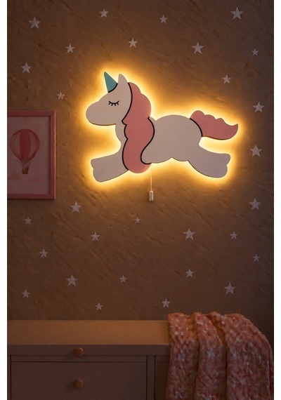 El Boyaması Ahşap Unicorn Pilli Ledli Gece Lambası Bebek Çocuk Odası Pembe