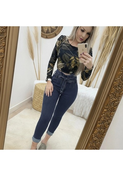 Valensdesign Kadın Yüksek Bel Düğmeli Yırtık Kot Pantolon Lacivert