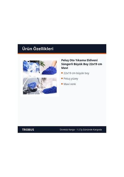 Trobus Peluş Oto Yıkama Eldiveni Süngerli Büyük Boy 22x19 Cm Mavi