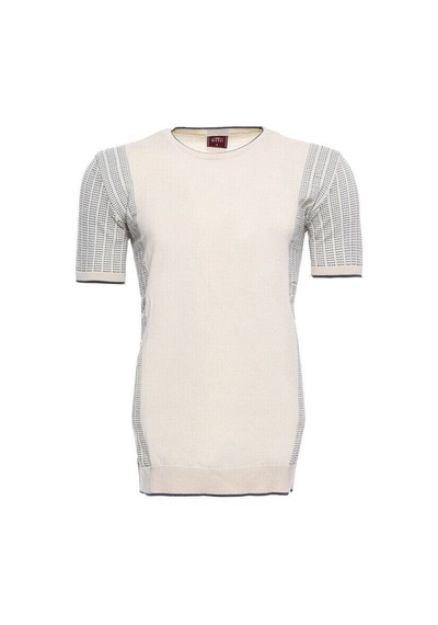 Yake Store Bisiklet Yaka Kenarları Desenli Krem Örme T-shirt Wessi - Krem Beyaz
