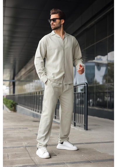 Madmext Boyalı Gri Düğmeli Basic Erkek Gömlek Pantolon Takım E7335 Boyalı Gri