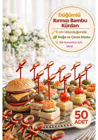 50 Li Paket I 9 Cm Düğümlü Kırmızı Bambu Kürdan Kokteyl Kürdan Sunum Çubuğu Aperatif Kürdan