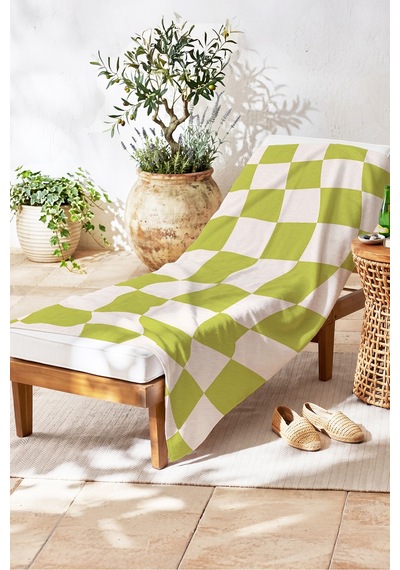 Damalı Geometrik Modern Plaj Havlusu - Yeşil Beyaz Retro Dalgalı Hızlı Kuruyan Mikrofiber Havlu Ayaz Gölgesi