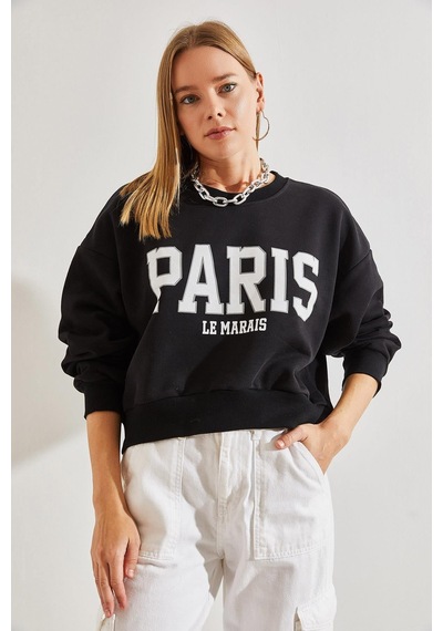 Shade Kadın Paris Baskılı Üç İplik Şardonlu Sweatshirt 40981007 - Siyah