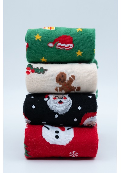 Stocalze Unisex Soket Çorap. Noel Ve Yılbaşı Temalı 4 Farklı Desenli Ve Renkli Kutulu Pamuklu Çorap Seti. Kırmızı - Yeşil - Ekru - Siyah
