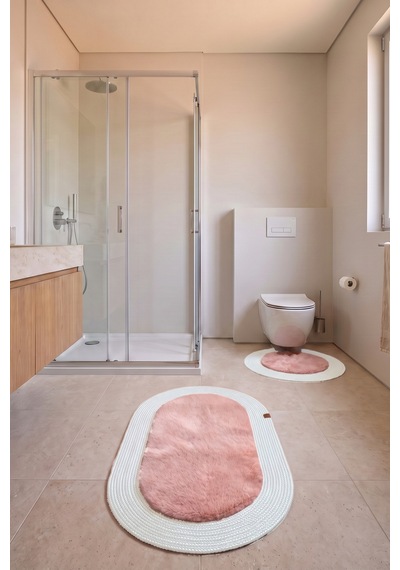 Banyo Paspası Takımı 60x100+60x60 Cm Düz Pembe & Gümüş